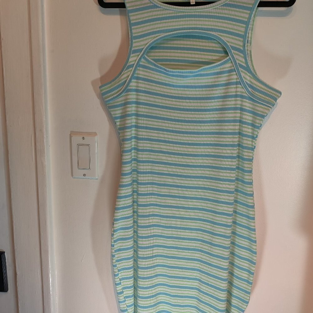 Ultra Flirt Dress Knit, Cut Out at chest in a stretchy Aqua and White Fabric 1X - Picture 5 of 5